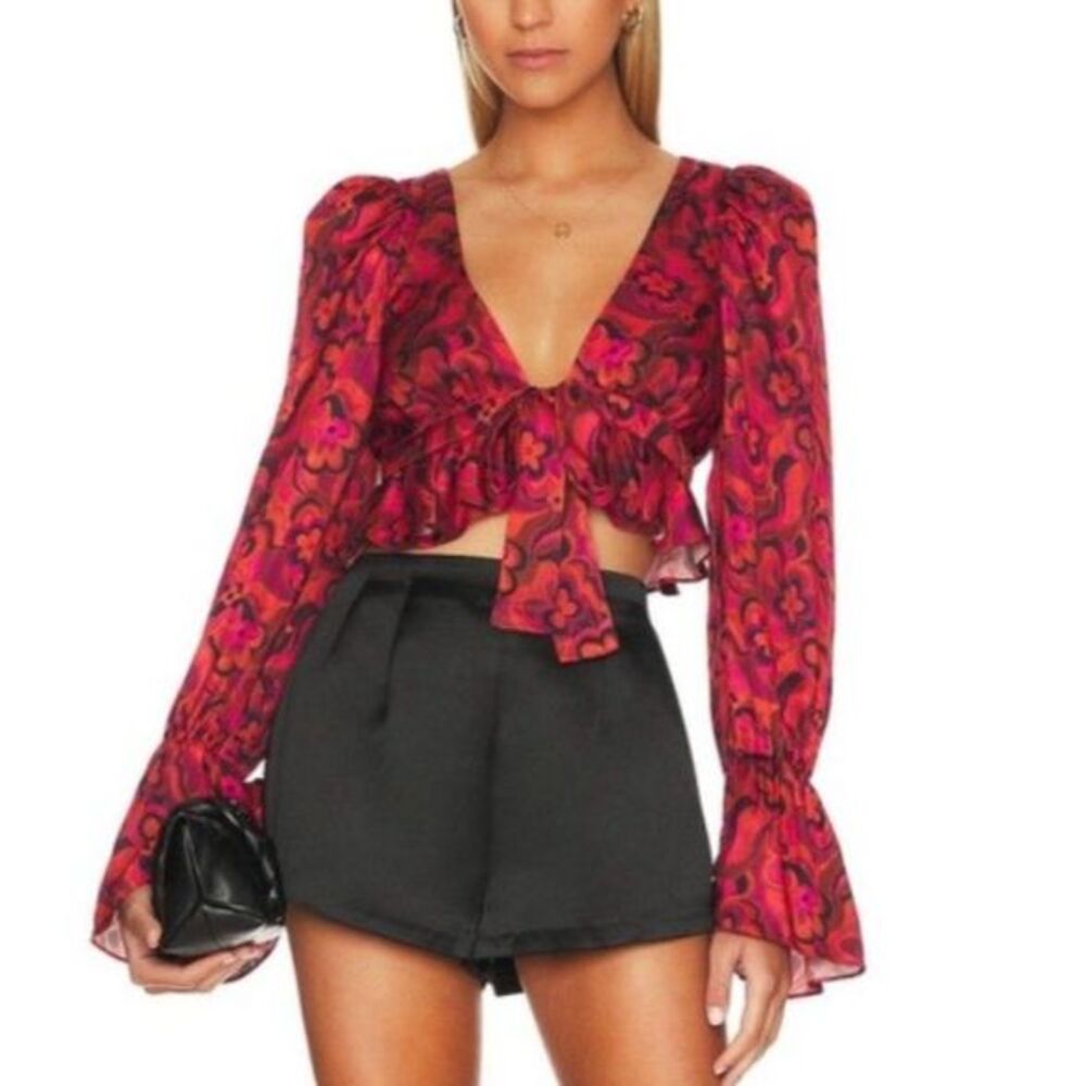 For Love & Lemons NWT Davina Red Pink Floral Plunge Tie-Front LS Top Size XS